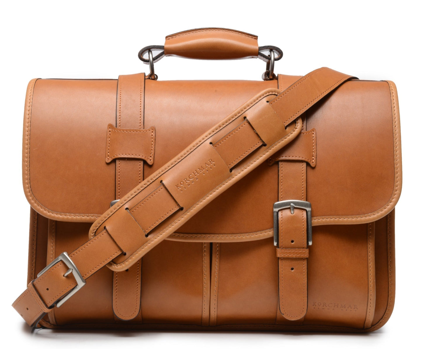 Garfield Leather Brief Case | Flap Over Computer Bag in Tan Leather | Initials and Gift Wrap | Korchmar Leather |