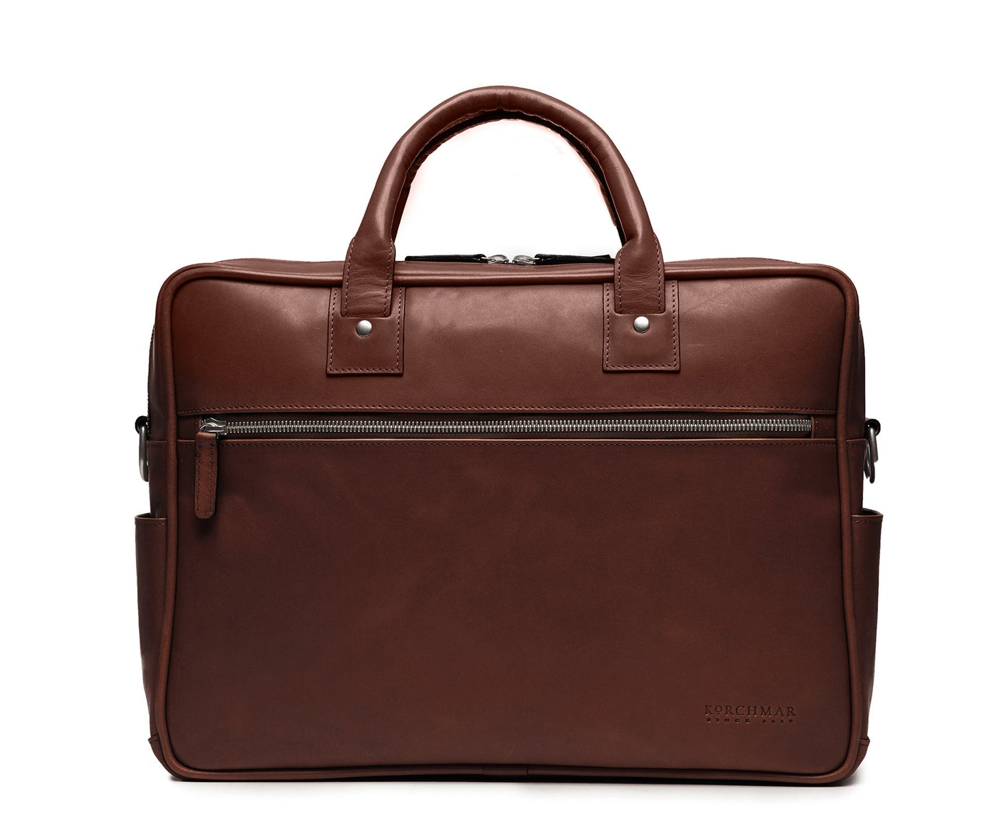 Redford Leather Brief Bag | 16" Zipper Briefcase | Initials Available | Korchmar Leather | Tan with Nickle Zipper