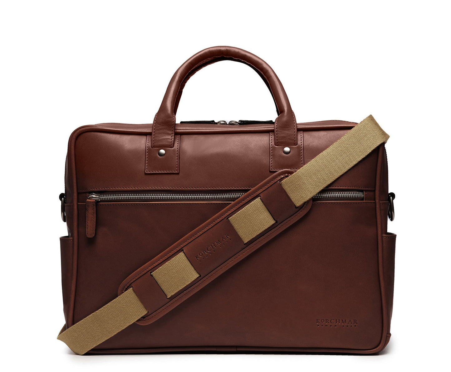 Redford Leather Brief Bag | 16" Zipper Briefcase | Initials Available | Korchmar Leather | Tan with Nickle Zipper