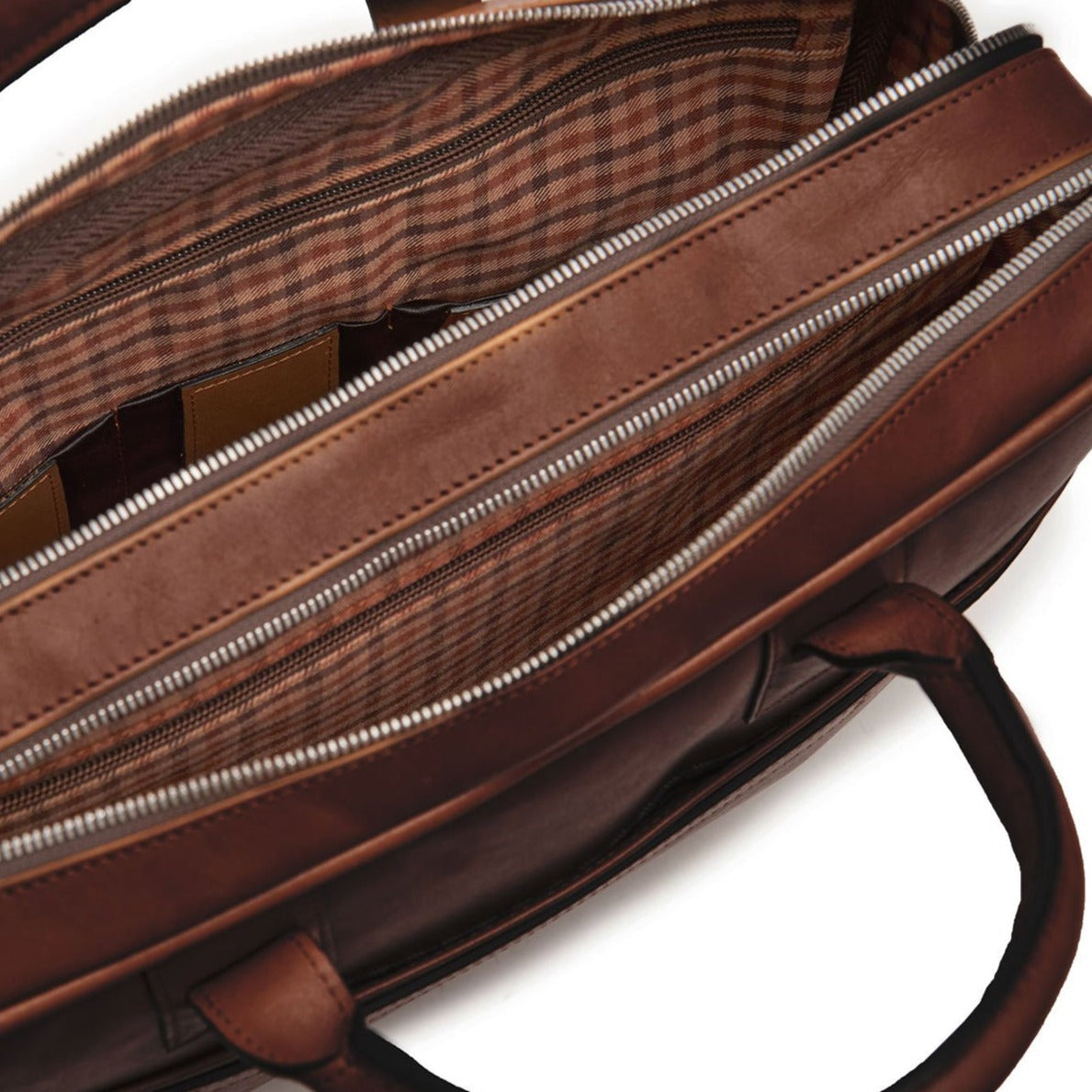 Redford Leather Brief Bag | 16" Zipper Briefcase | Initials Available | Korchmar Leather | Tan with Nickle Zipper
