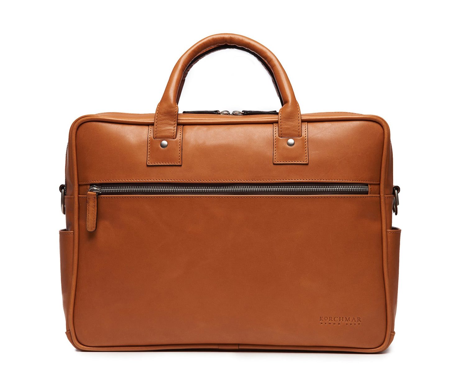 Redford Leather Brief Bag | 16" Zipper Briefcase | Initials Available | Korchmar Leather | Black with Nickle Zipper