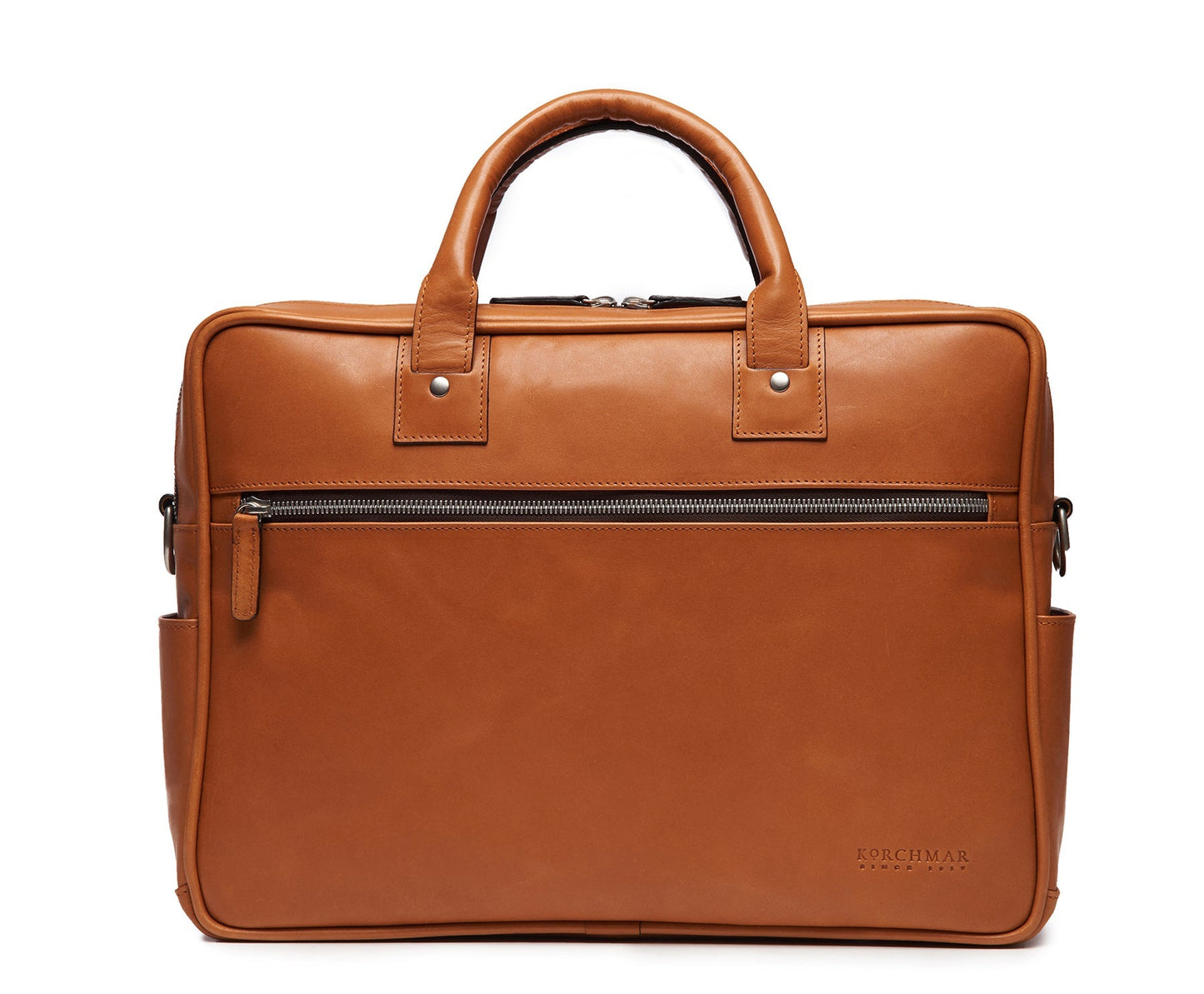 Redford Leather Brief Bag | 16" Zipper Briefcase | Initials Available | Korchmar Leather | Tan with Nickle Zipper
