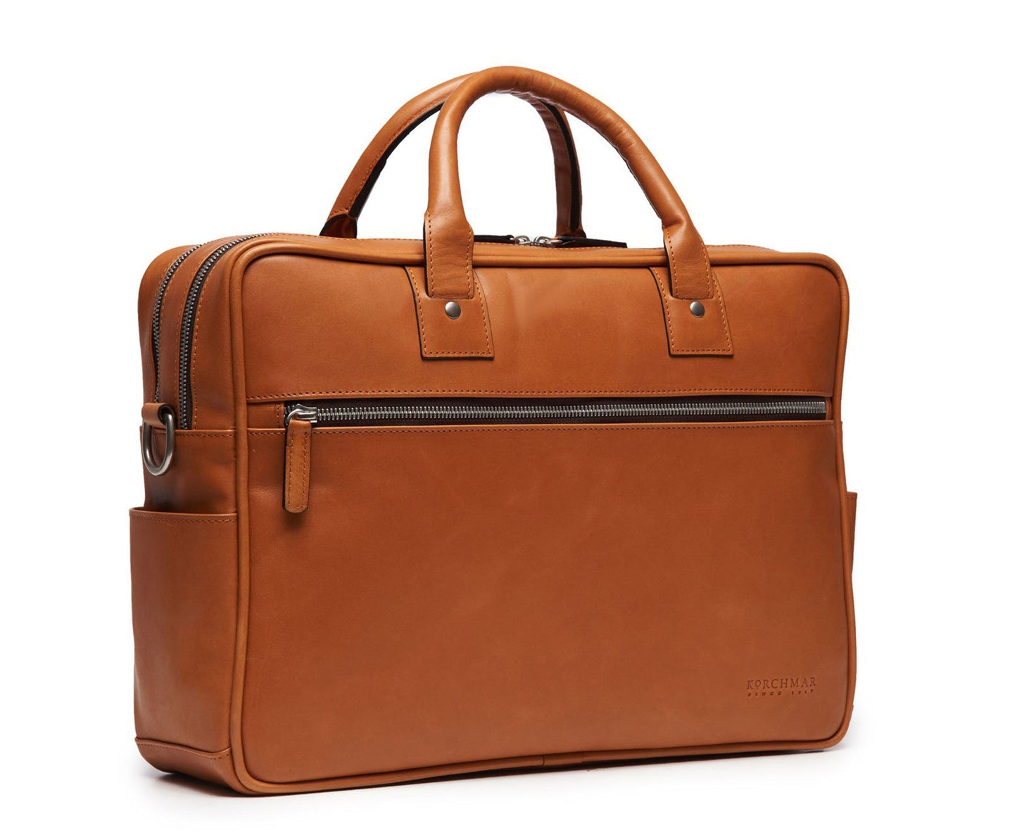 Redford Leather Brief Bag | 16" Zipper Briefcase | Initials Available | Korchmar Leather | Tan with Nickle Zipper