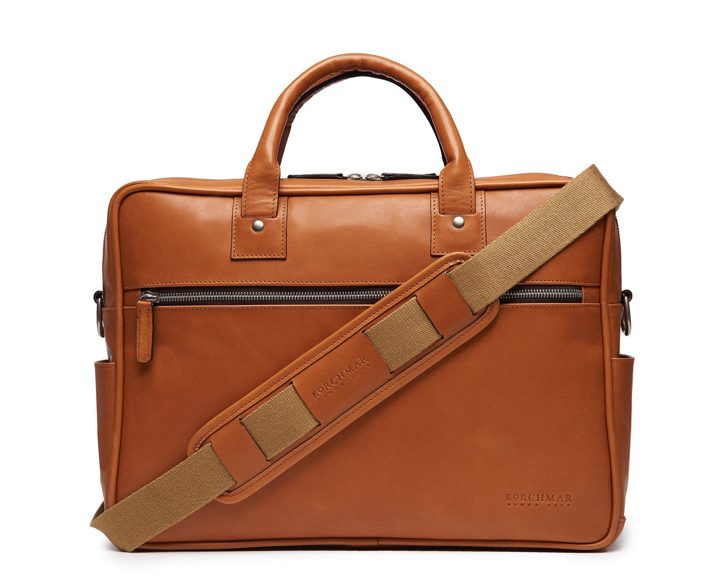 Redford Leather Brief Bag | 16" Zipper Briefcase | Initials Available | Korchmar Leather | Tan with Nickle Zipper