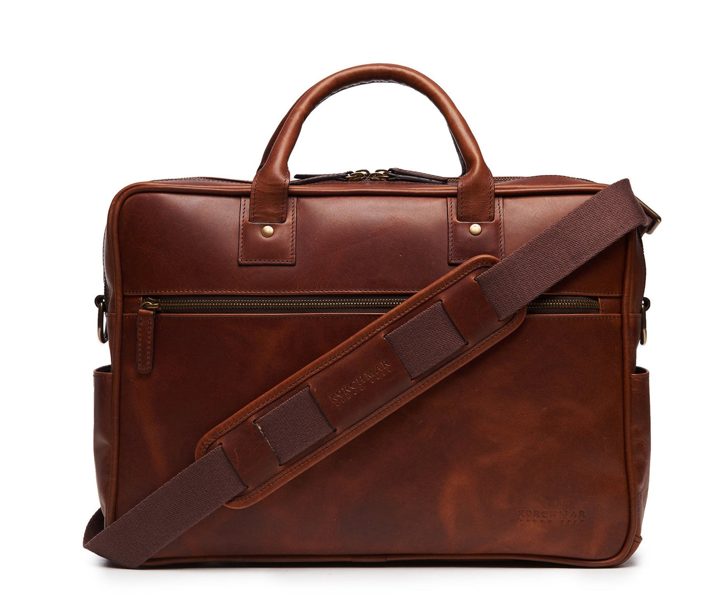 Redford Leather Brief Bag | 16" Zipper Briefcase | Initials Available | Korchmar Leather | Traditional Brown