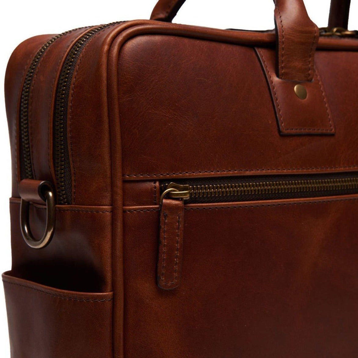 Redford Leather Brief Bag | 16" Zipper Briefcase | Initials Available | Korchmar Leather | Traditional Brown