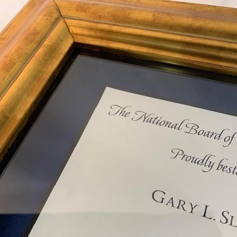 Suggestions for Bespoke Awards for NBOME | Awards Framed in Gold & Silver Leaf and Black & Brown Wood