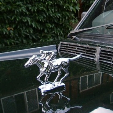 Award Trophy | Hood Ornament Mascot, Model | RACEHORSE with JOCKEY | 4 by 6 Inches | Made in England