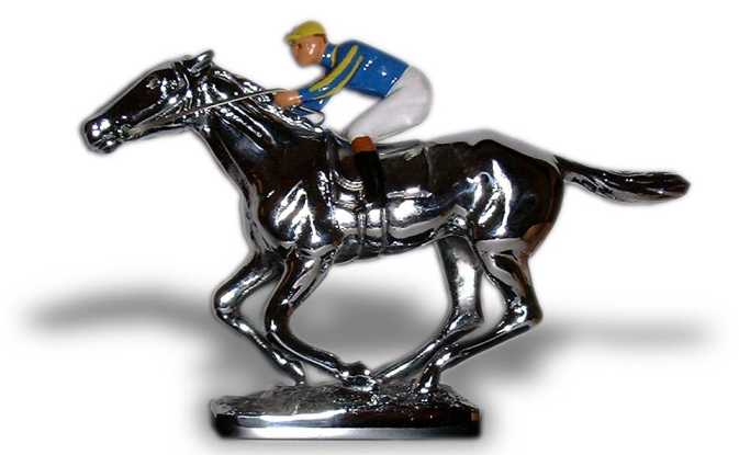 Award Trophy | Hood Ornament Mascot, Model | RACEHORSE with JOCKEY | 4 by 6 Inches | Made in England