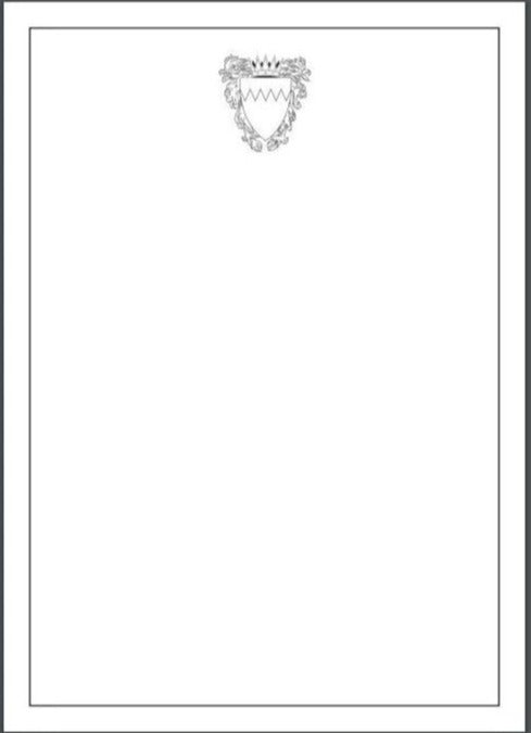 Bahrain Embassy | NEW LOGO | 5 by 7 Inch Menu Cards with Border | Gold Seal on Natural White | Silver Seal on Florescent White Hand Engraved