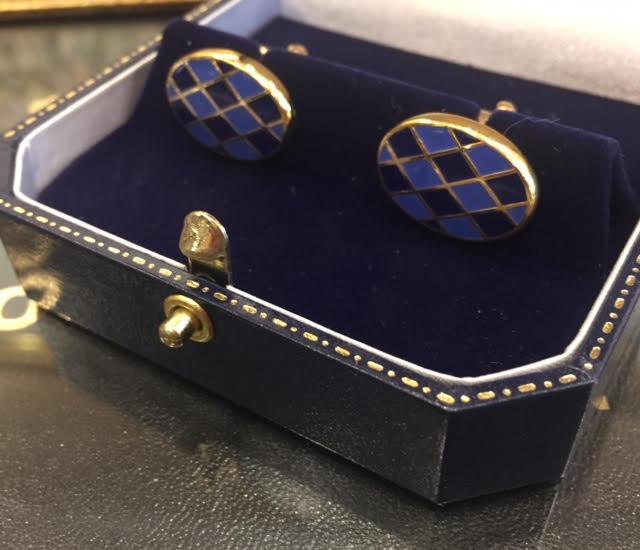 Gold and Enamel Oval Cufflinks with Royal Blue and Navy Diamond Checkerboard | Benson and Clegg-Enamel Cufflinks-Sterling-and-Burke