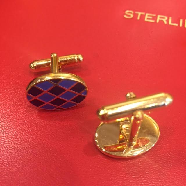 Gold and Enamel Oval Cufflinks with Royal Blue and Navy Diamond Checkerboard | Benson and Clegg-Enamel Cufflinks-Sterling-and-Burke