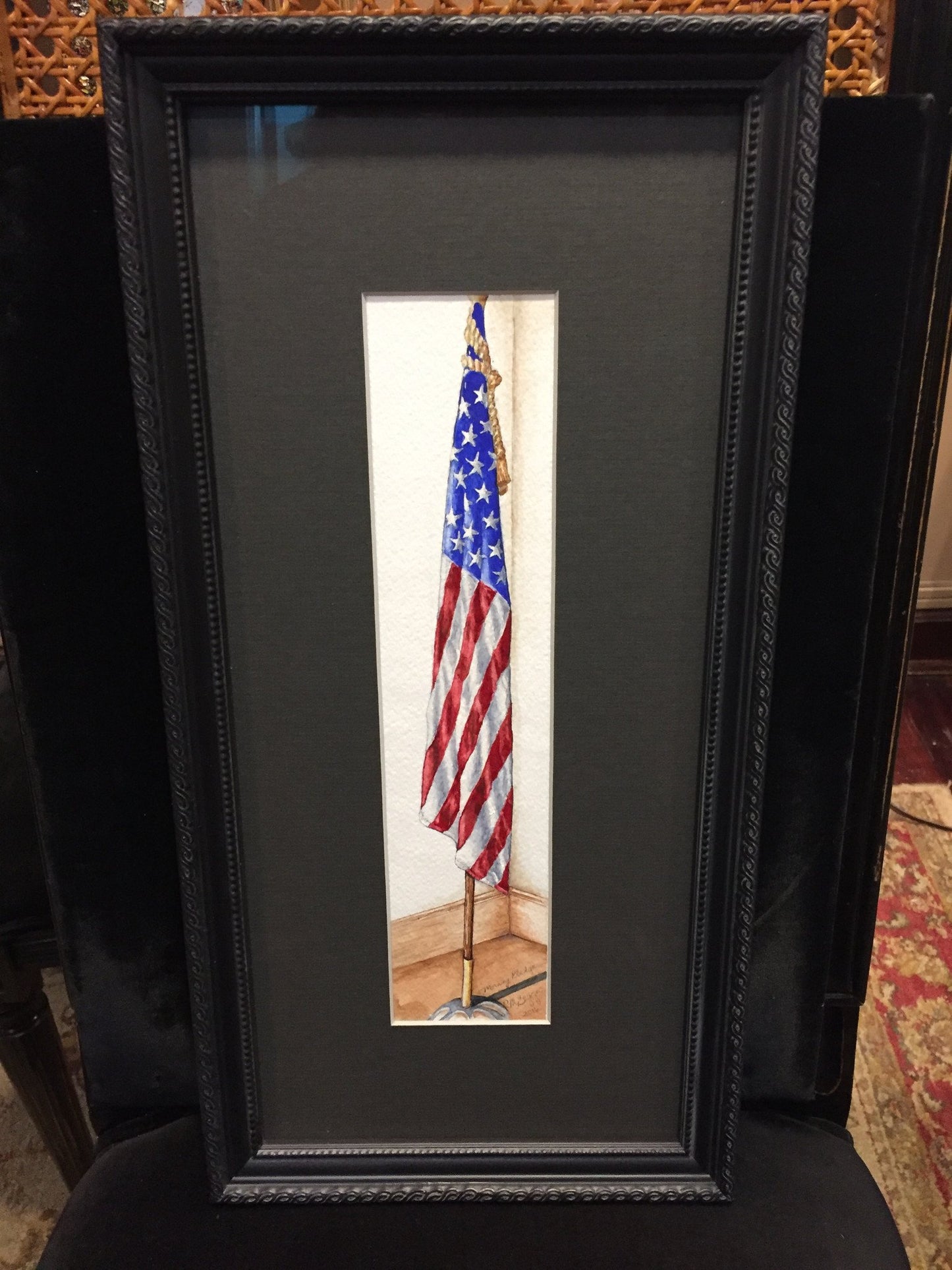 Morning Pledge | Watercolor, Custom Framed | Carole Moore Biggio | 9 by 18.5 Inches-Original Watercolor-Sterling-and-Burke