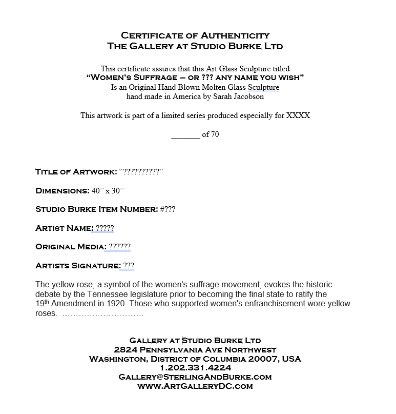 Certificate of Authenticity Sample | Studio Burke DC | Bespoke Business Gifting in Washington, DC