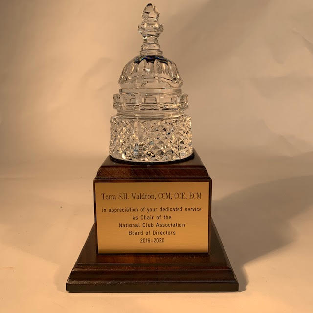 Waterford Crystal Capitol Dome Paperweight | Capitol Dome Award on Dark Blue Walnut Base | Brass Plate Engraved with Message