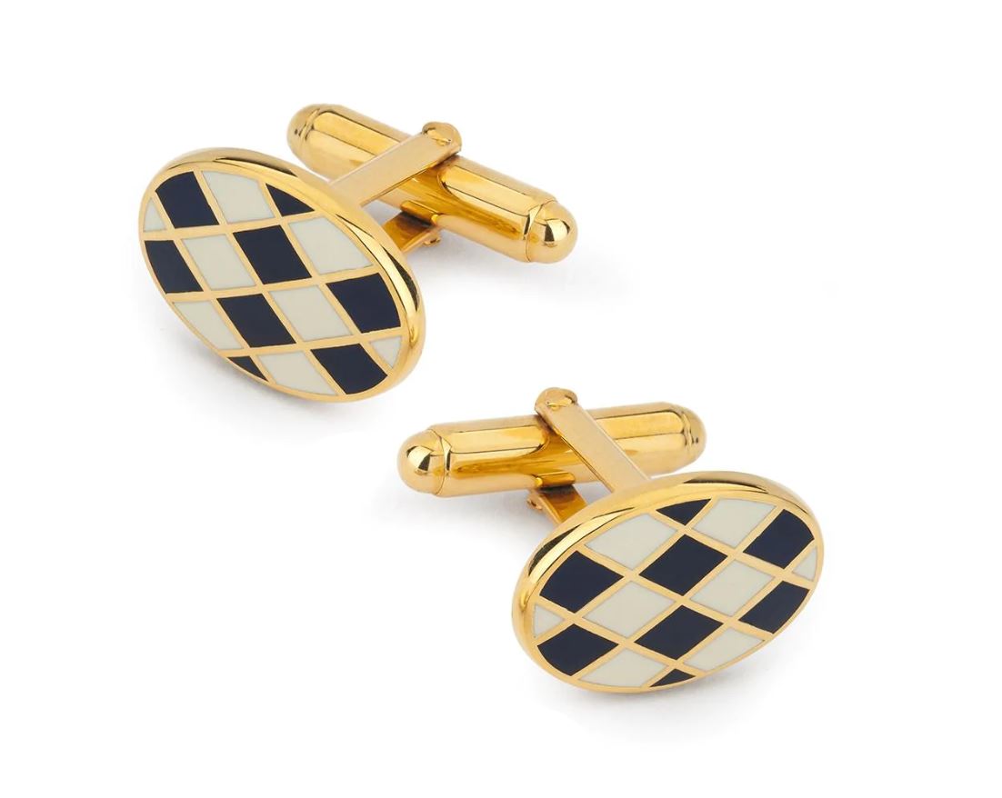 Oval Enamel Gold/Black/Ivory Check Tuxedo Cufflinks | T Bar Closure
