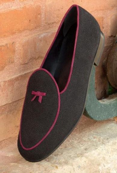 Custom Belgian Slipper Shoes | Black Linen with Purple Suede Trim and Purple Suede Leather Tassel | Extraordinary Quality | Sterling and Burke-Bespoke Shoes-Sterling-and-Burke