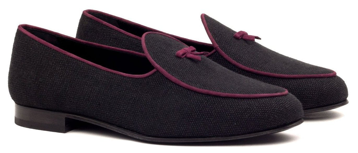 Custom Belgian Slipper Shoes | Black Linen with Purple Suede Trim and Purple Suede Leather Tassel | Extraordinary Quality | Sterling and Burke-Bespoke Shoes-Sterling-and-Burke