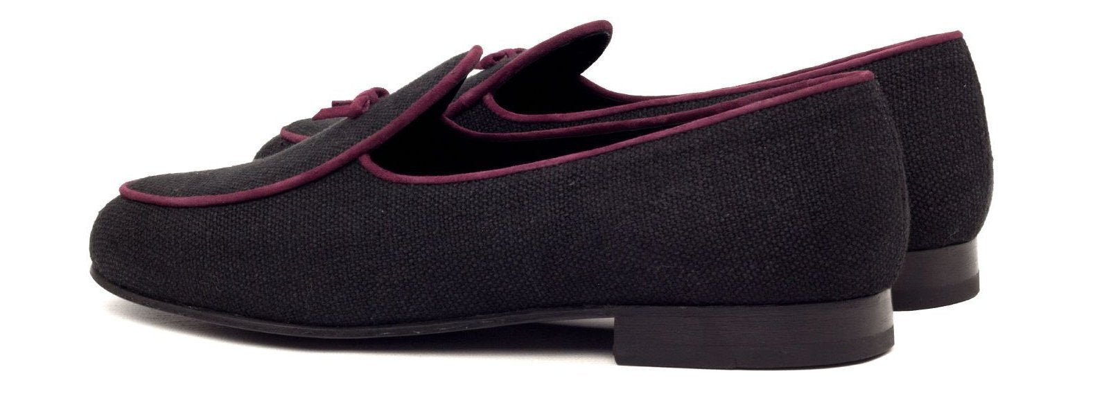 Custom Belgian Slipper Shoes | Black Linen with Purple Suede Trim and Purple Suede Leather Tassel | Extraordinary Quality | Sterling and Burke-Bespoke Shoes-Sterling-and-Burke