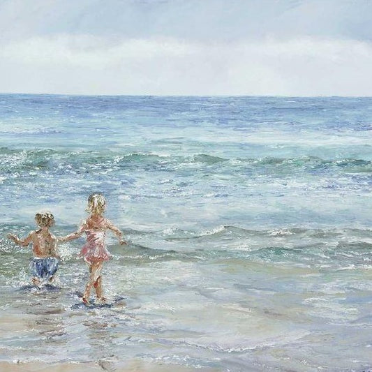Beach Art | CUSTOM ORDER | Original Oil Painting | "Sweet Big Sister" | Frame: Distressed White | Artist: Claire Howard | 36 by 48 inches