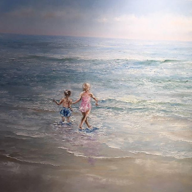 Beach Art | CUSTOM ORDER | Original Oil Painting | "Sweet Big Sister" | Frame: Distressed White | Artist: Claire Howard | 36 by 48 inches