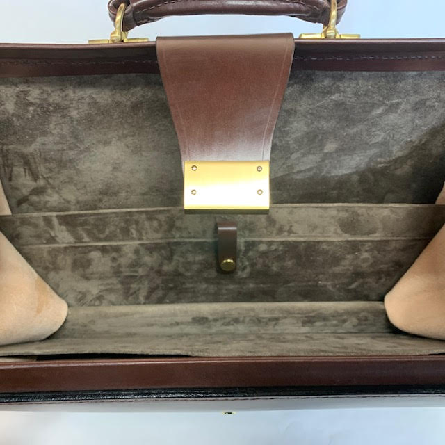 Bespoke Top Frame Briefcase | The Burr Briefcase | Hand Stitched | Finest Quality | Havana Bridle Hide | Tan Suede | Brass Fittings