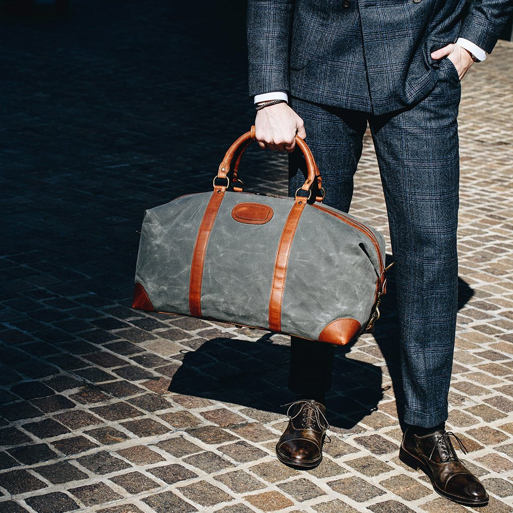 Duffel | Tan Waxed Cotton and Leather Duffle | Twain Canvas Duffle | Korchmar Leather | Initials Included