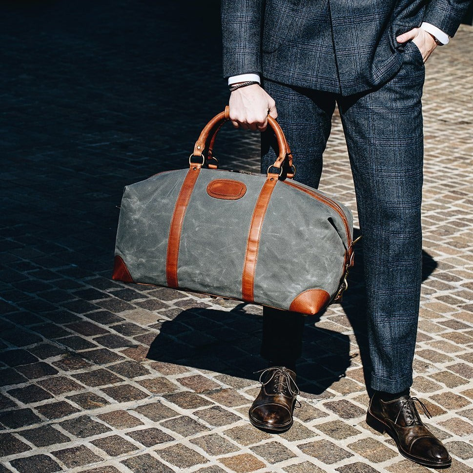 Duffel | Grey Waxed Cotton and Leather Duffle | Twain Canvas Duffle | Korchmar Leather | Initials Included