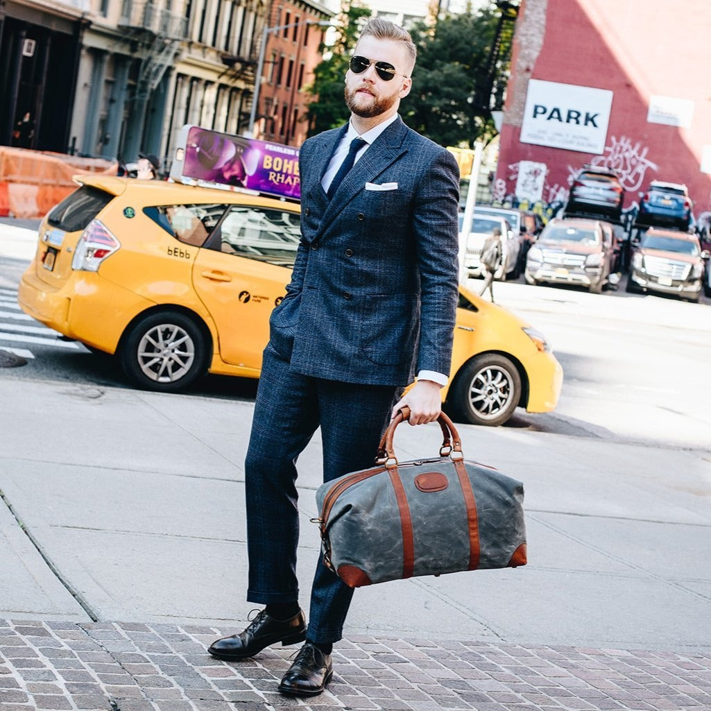 Duffel | Grey Waxed Cotton and Leather Duffle | Twain Canvas Duffle | Korchmar Leather | Initials Included