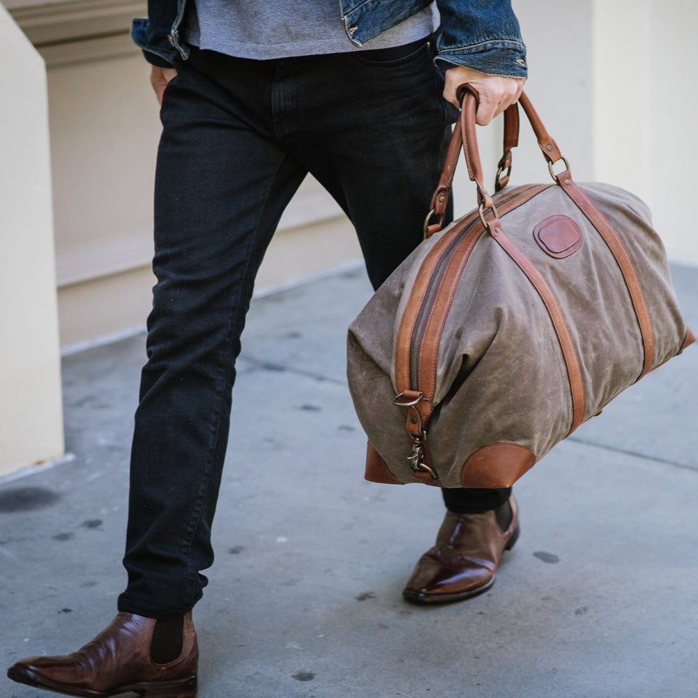 Duffel | Tan Waxed Cotton and Leather Duffle | Twain Canvas Duffle | Korchmar Leather | Initials Included