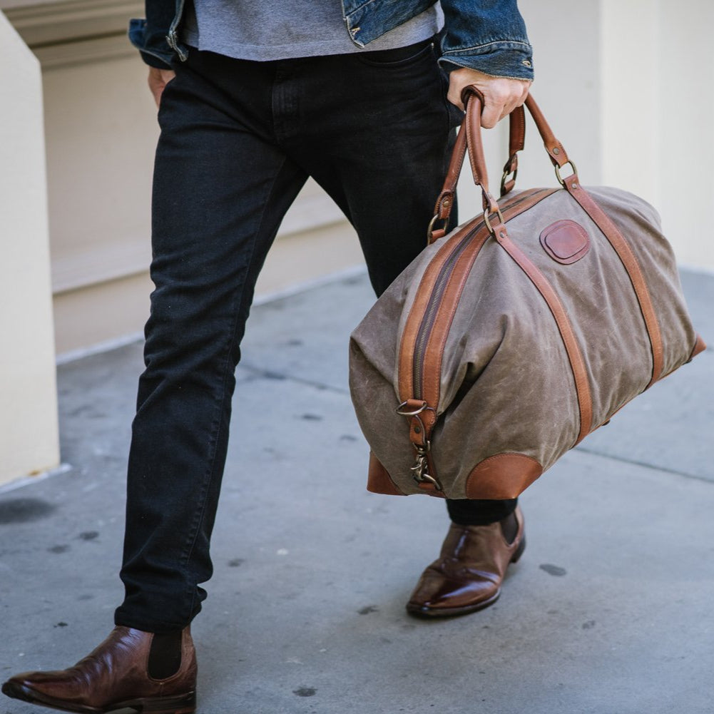 Duffel | Tan Waxed Cotton and Leather Duffle | Twain Canvas Duffle | Korchmar Leather | Initials Included