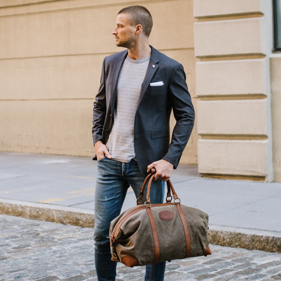 Duffel | Tan Waxed Cotton and Leather Duffle | Twain Canvas Duffle | Korchmar Leather | Initials Included