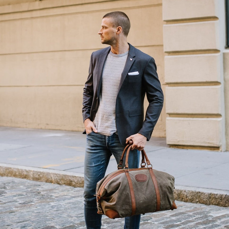 Duffel | Grey Waxed Cotton and Leather Duffle | Twain Canvas Duffle | Korchmar Leather | Initials Included