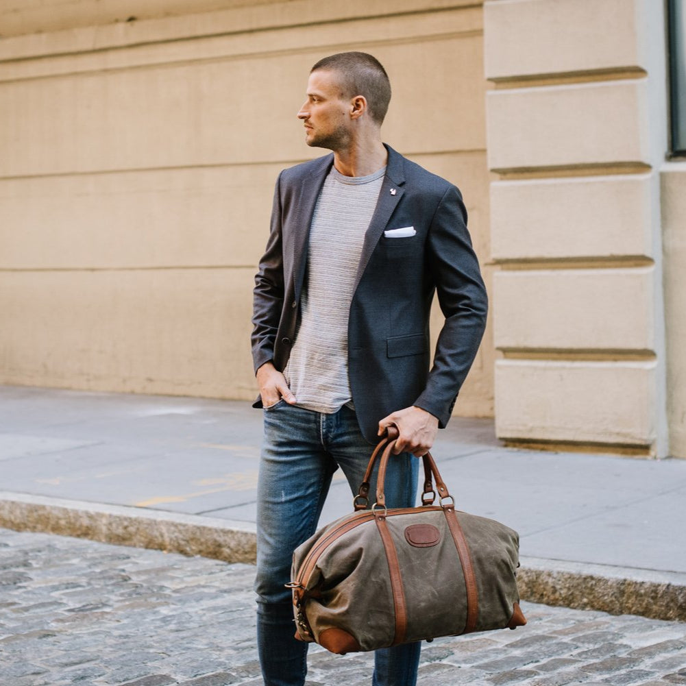 Duffel | Tan Waxed Cotton and Leather Duffle | Twain Canvas Duffle | Korchmar Leather | Initials Included