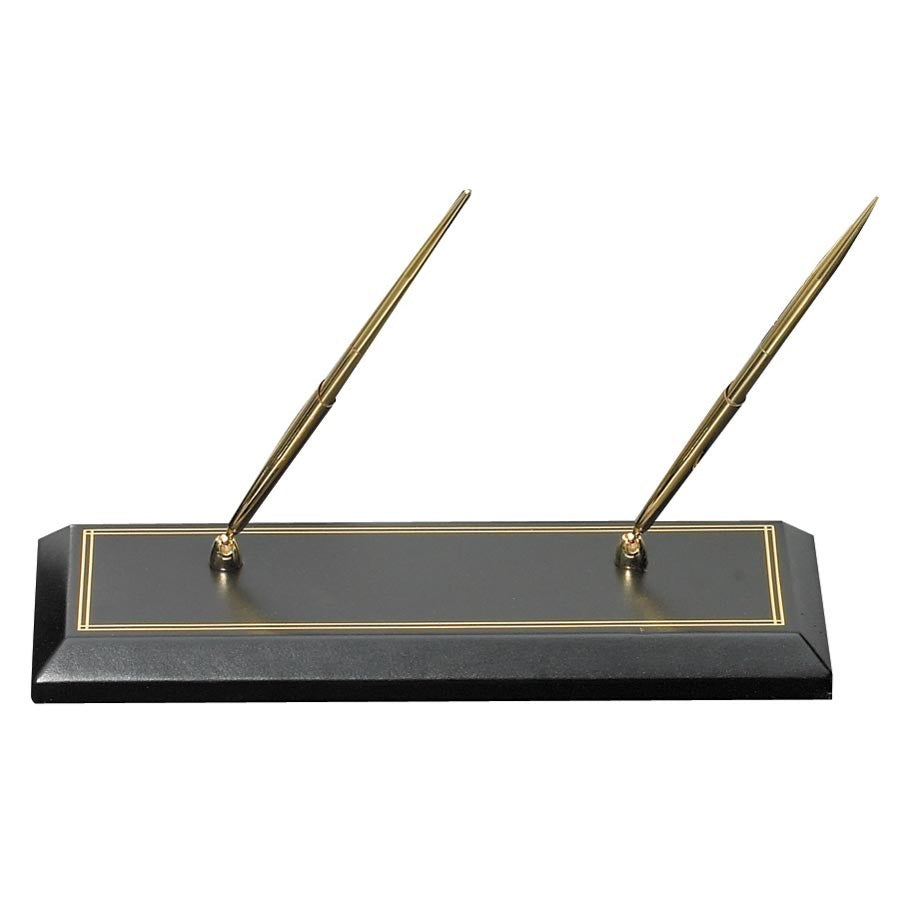 Black Leather Double Pen Holder | Desk Pen Stand | Quality Leather with Gold Tooling