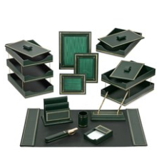 Green Leather Desk Accessories | Hand Made to Order in USA | Individual Luxury Leather Desk Accessories with Gold Tooling