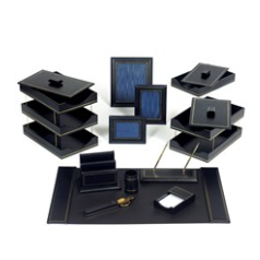 Navy Blue Leather Desk Accessories | Hand Made in USA | Individual Luxury Leather Desk Accessories with Gold Tooling