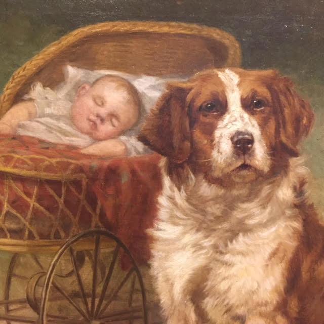 Antique Oil Painting | Dog with Baby Painting | A Watchful Eye by John Henry Dolph | 23 3/16" x 27 3/16"-Oil Painting-Sterling-and-Burke