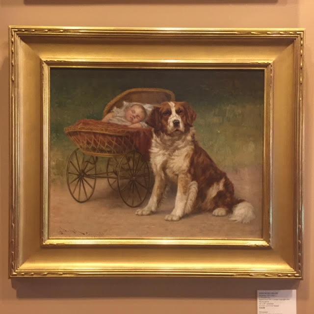 Antique Oil Painting | Dog with Baby Painting | A Watchful Eye by John Henry Dolph | 23 3/16" x 27 3/16"-Oil Painting-Sterling-and-Burke