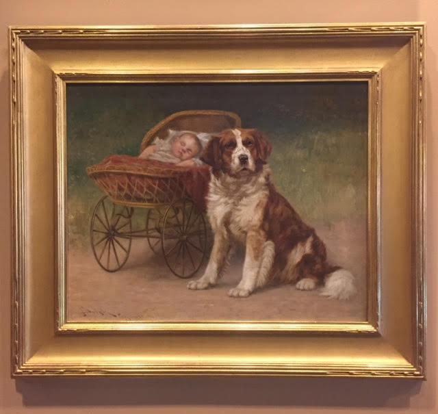 Antique Oil Painting | Dog with Baby Painting | A Watchful Eye by John Henry Dolph | 23 3/16" x 27 3/16"-Oil Painting-Sterling-and-Burke