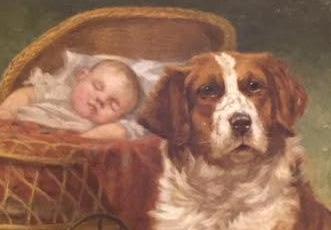 Antique Oil Painting | Dog with Baby Painting | A Watchful Eye by John Henry Dolph | 23 3/16" x 27 3/16"-Oil Painting-Sterling-and-Burke