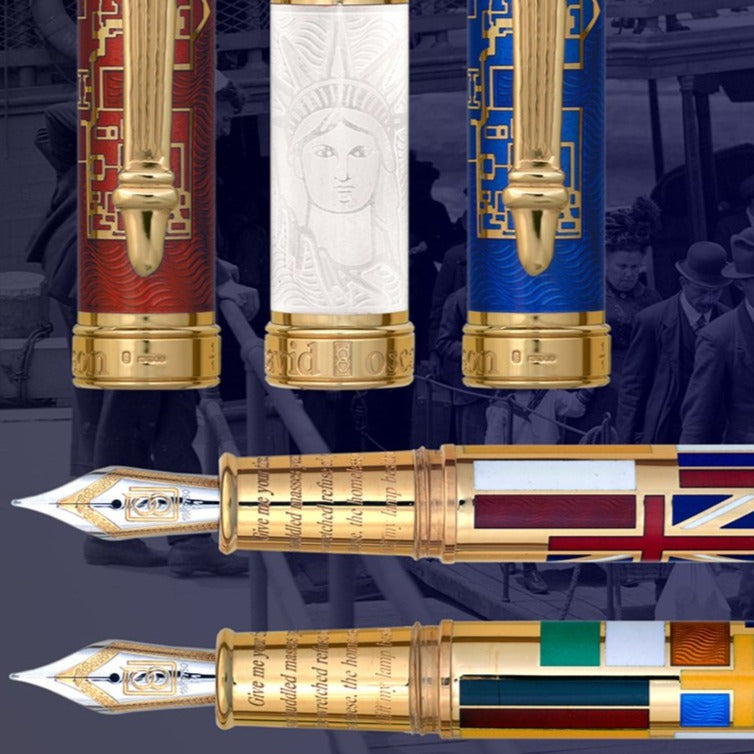 Bespoke Luxury Pens ~ Ellis Island Fountain Pen ~ Gold and Multi Colour Enamel ~ Custom Writing Instruments ~ Hand Manufactured in England by David Oscarson