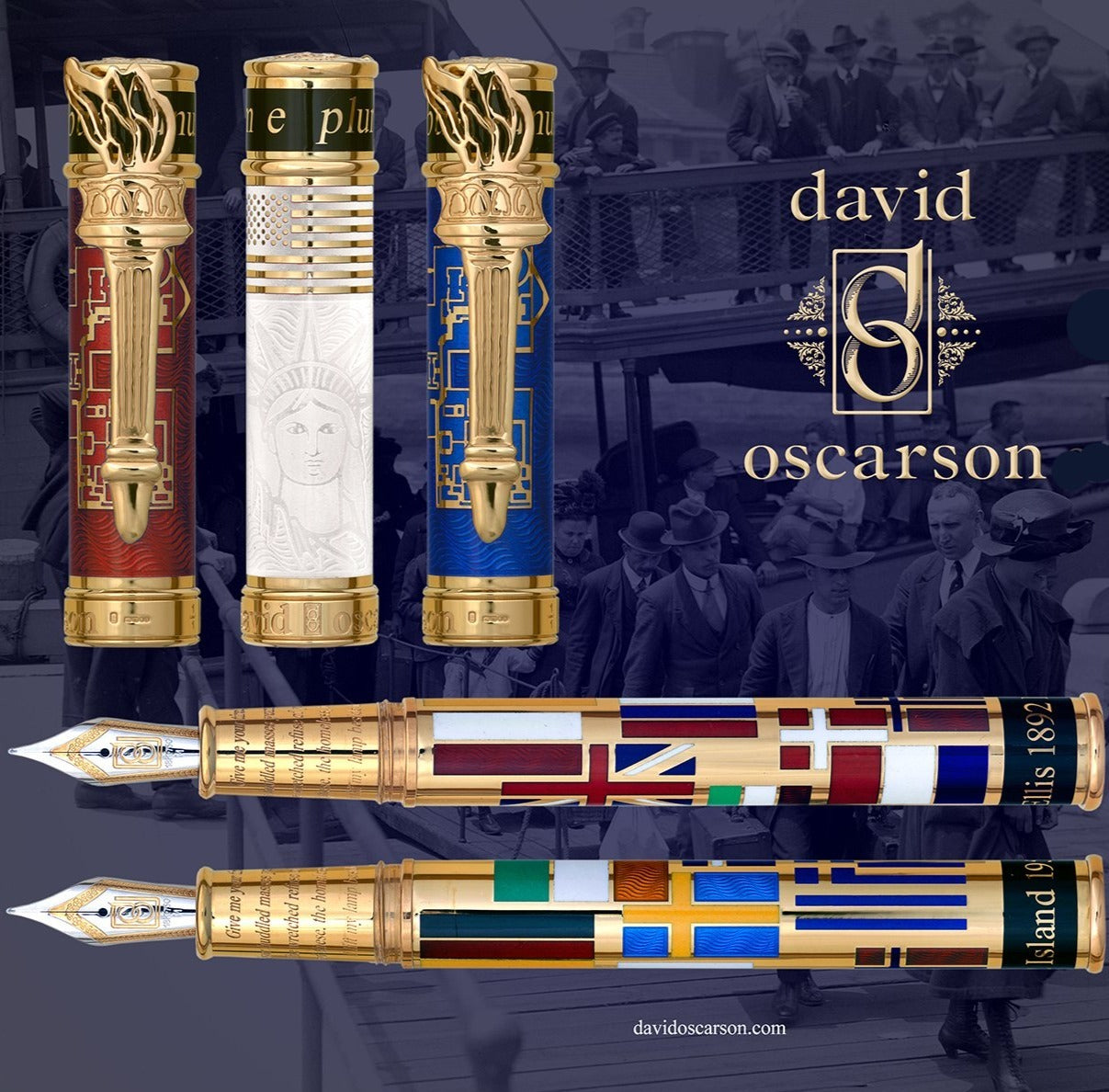 Bespoke Luxury Pens ~ Ellis Island Fountain Pen ~ Gold and Multi Colour Enamel ~ Custom Writing Instruments ~ Hand Manufactured in England by David Oscarson