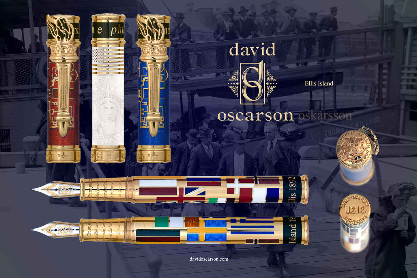 Bespoke Luxury Pens ~ Ellis Island Fountain Pen ~ Gold and Multi Colour Enamel ~ Custom Writing Instruments ~ Hand Manufactured in England by David Oscarson