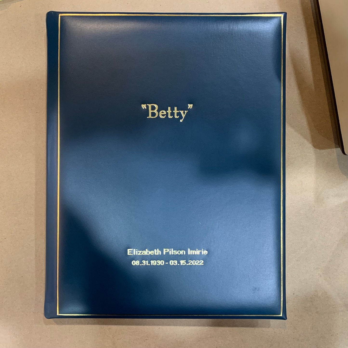 Memories Guest Book | Elizabeth P. Imirie | 10 by 8 inches | 3 Lines of Gold Text on Polished Calf | Ruled Pages | Charing Cross