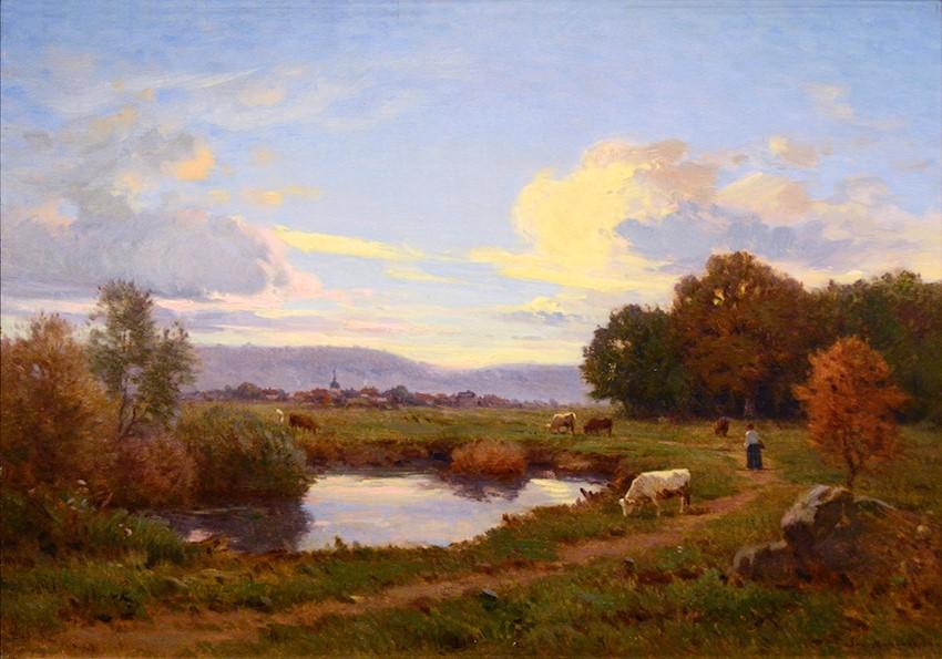 Antique Oil Painting on Canvas | La Petite Mare by Jean Ferdinand Monchablon | 19.5" x 23.5" Framed-Oil Painting-Sterling-and-Burke