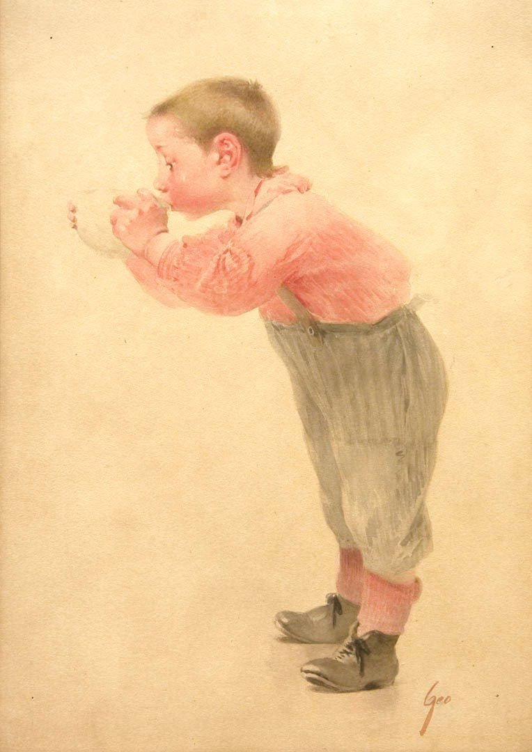 Antique Watercolor Painting | Portrait d'enfant by Henry-Jean Jules Geoffroy | 23 by 28.5 Framed-Oil Painting-Sterling-and-Burke