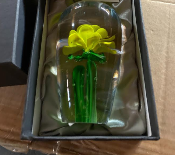Glass Paperweight with Yellow Rose | Hand Blown Glass | Artist Signed | Glass Paperweight | Engraved | Handmade in USA