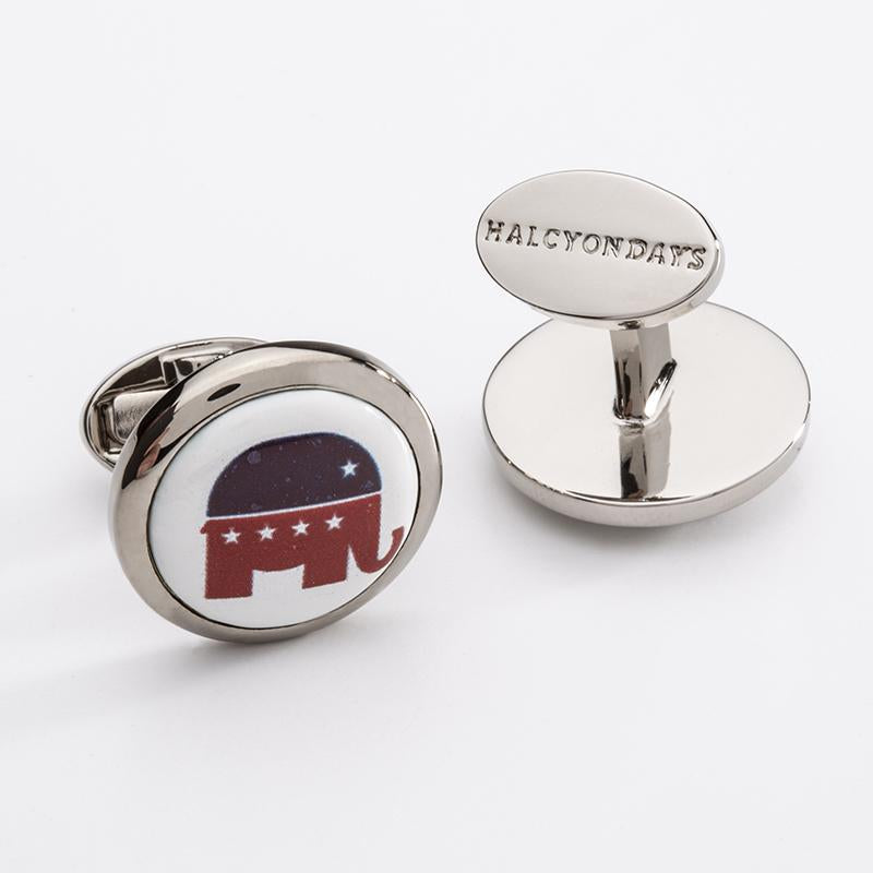 Halcyon Days Patriotic | Political Cufflinks | Republican Elephant Enamel Cufflinks in Palladium