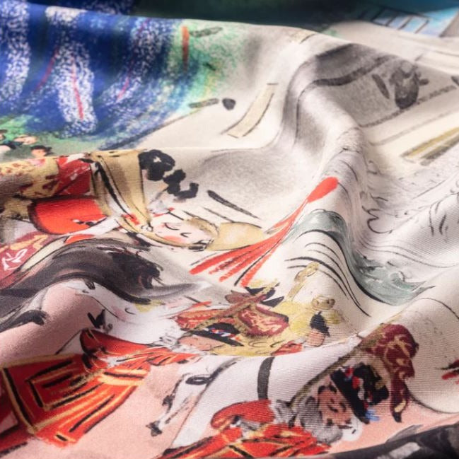 Halcyon Days | King's Coronation Silk Scarf | Trooping the Colour | Red, Black, Navy, Gold, White | 36 by 36 Inches